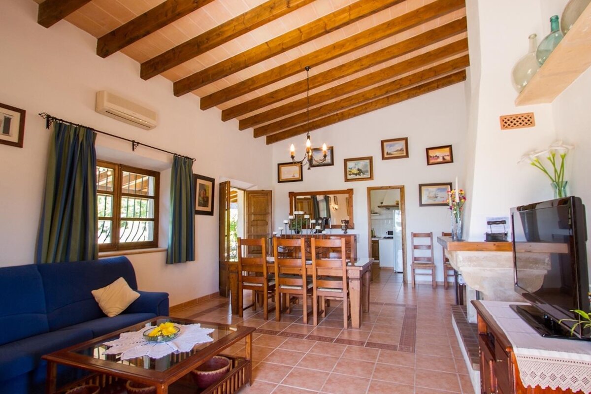 A living room with a blue couch and a television