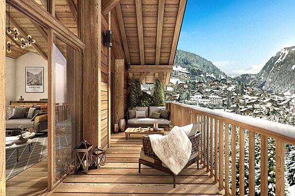 An artist 's impression of a balcony with a couch and chair