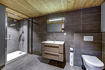 Modern bathroom with dark grey tiles, warm wood ceiling, glass shower, vanity with mirror, and toilet.