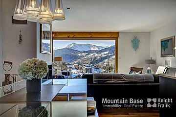 A living room with a view of mountains and the words mountain base and knight frank