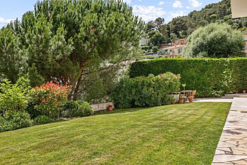 A vibrant garden with a spacious green lawn, a large pine tree, colorful foliage, a tall green hedge, and houses nestled on a wooded hill.