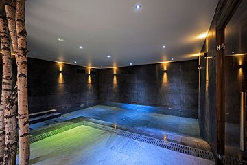 A room with a swimming pool behind a wooden wall
