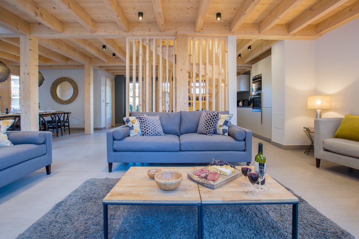 A living room with a couch and a coffee table