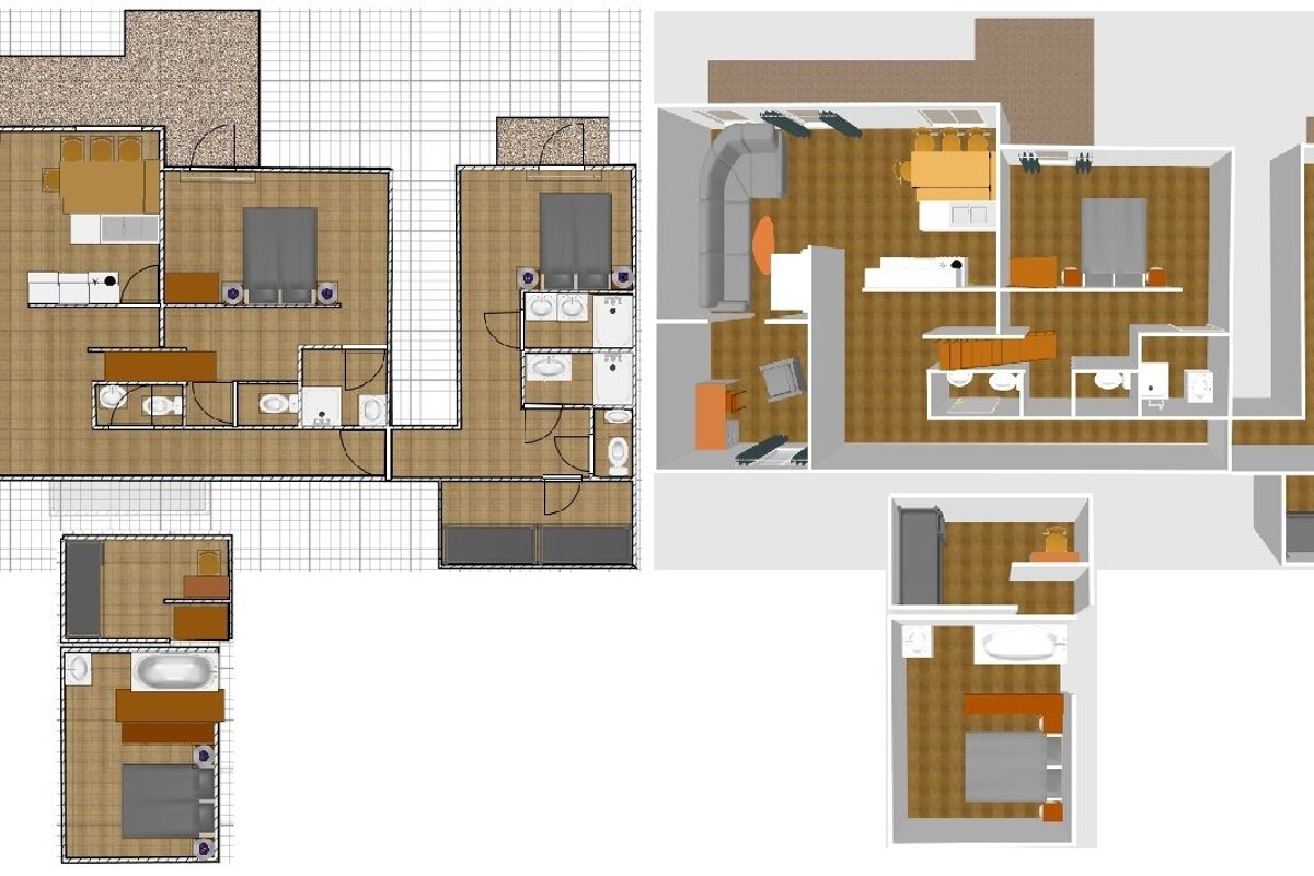 A split image showing various residential floor plans. The left features 2D architectural drawings with grid lines, while the right has 3D top-down renders.