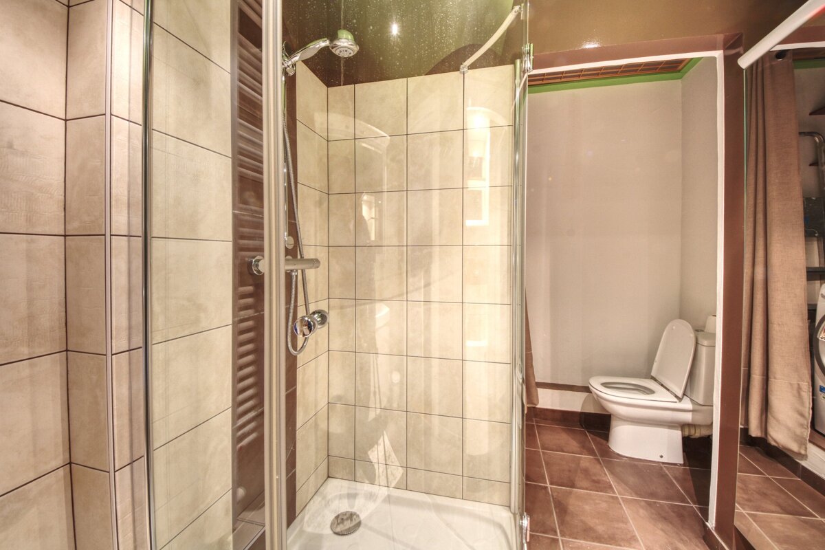 A bathroom with a walk in shower and a toilet