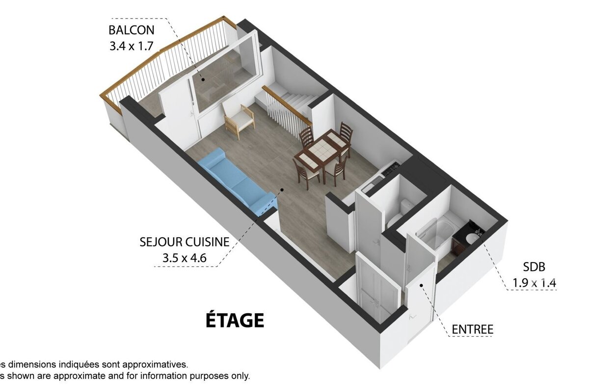 A 3D floor plan of an 