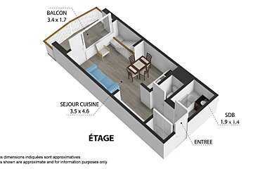 3D floor plan of one level, showing a living/kitchen area, balcony, bathroom, entrance, and stairs. French labels and approximate dimensions are included.
