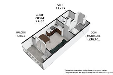 A floor plan of a small apartment with balcony and coin montagne