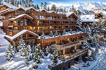 A large, rustic wooden ski chalet surrounded by snow-covered pine trees and majestic mountains.