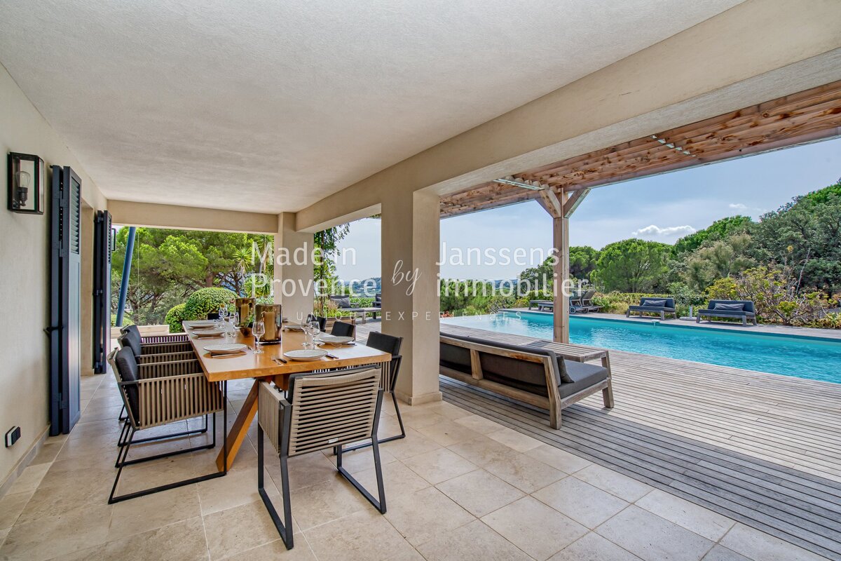 A patio with a table and chairs and the words made in provence by immobilier