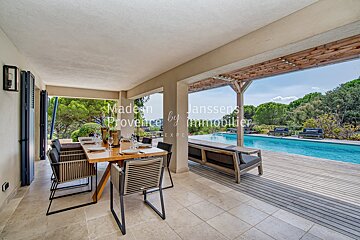 A patio with a table and chairs and the words made in provence by immobilier