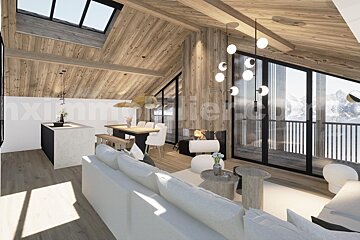 Modern chalet interior with wood ceilings/walls, large windows revealing snowy mountains, white sofa, dining area, kitchen island, and contemporary lighting.