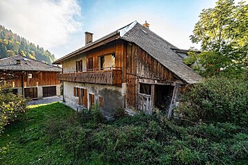 Two weathered mountain houses, one with a balcony, appear neglected amidst overgrown foliage and a distant forest under a bright sky.