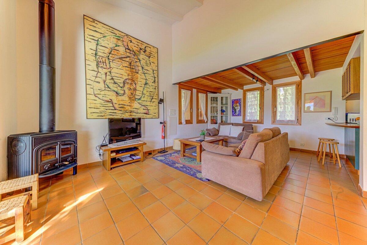 Bright, cozy living room with a wood stove, large abstract artwork, comfortable sofas, and warm terracotta tiled floors. Features wooden ceiling and large windows.