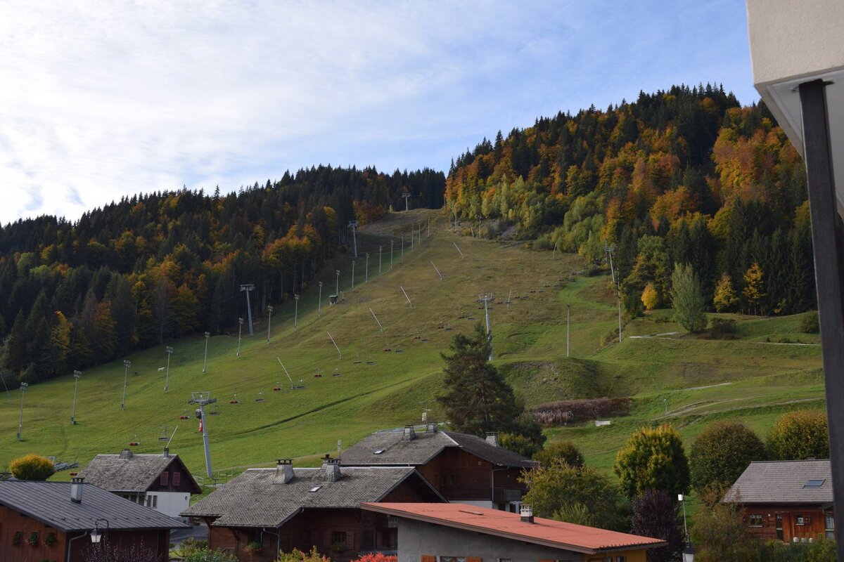 Chalet-style houses at the base of a grassy ski slope with lifts, rising to hills covered in colorful autumn forests.