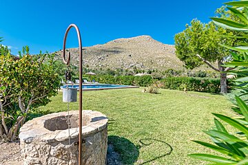 A well in a lush green yard with a mountain in the background