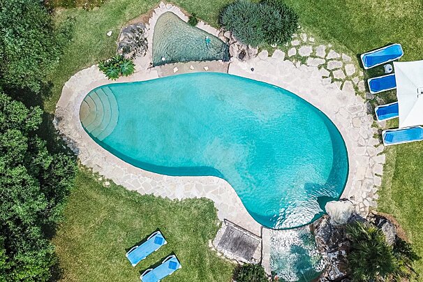 An aerial view of a large swimming pool
