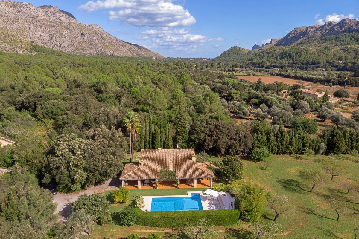 An aerial view of a house with a pool in the middle of a forest