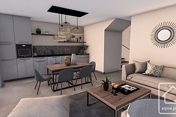 A contemporary open-plan kitchen, dining, and living room with grey cabinets, a wooden table, a neutral sofa, and rattan lights. Stairs visible.