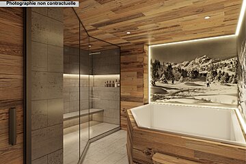 A modern bathroom with warm wooden accents, featuring a glass-enclosed shower, a bathtub, and a backlit snowy mountain mural.