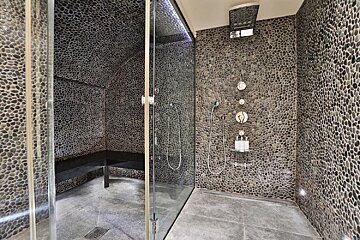 A walk in shower with a leopard print wall
