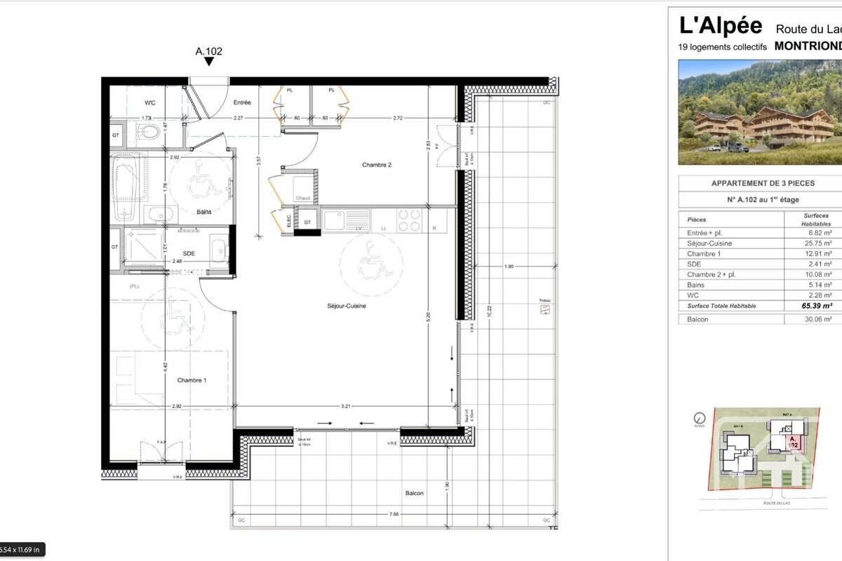 An architectural floor plan of a 3-room apartment with a balcony, dimension table, and exterior building rendering.