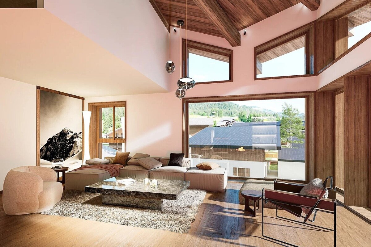 A modern, luxurious living room with high wooden ceilings, large windows offering mountain views, a light sofa, and a marble coffee table.