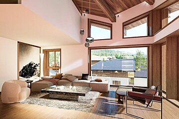 A modern, luxurious living room with high wooden ceilings, large windows offering mountain views, a light sofa, and a marble coffee table.