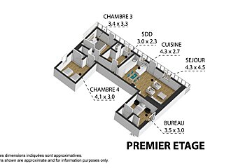 A 3D isometric floor plan of a first floor (Premier Etage) apartment, showing bedrooms, kitchen, living room, office, and bathroom with dimensions.