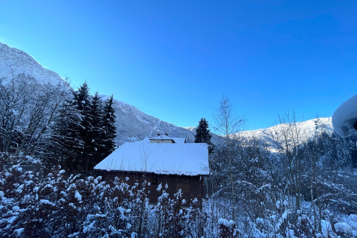 Bright winter mountainscape featuring snow-laden trees, houses, and distant peaks under a vivid blue sky.