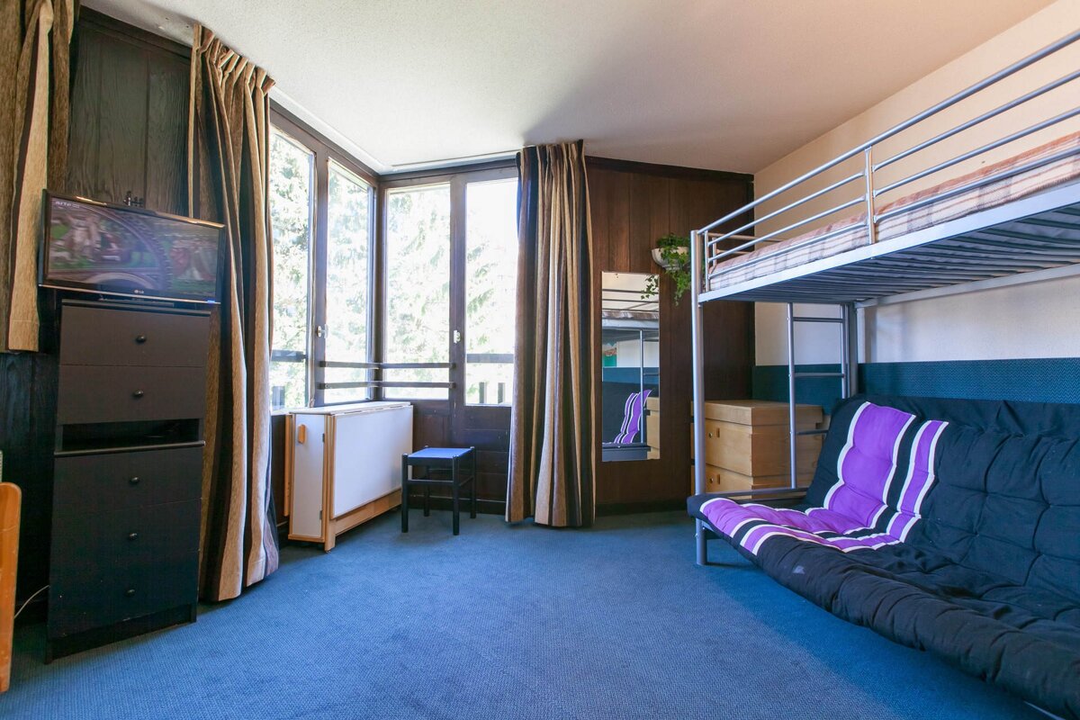 A bedroom with a bunk bed and a couch