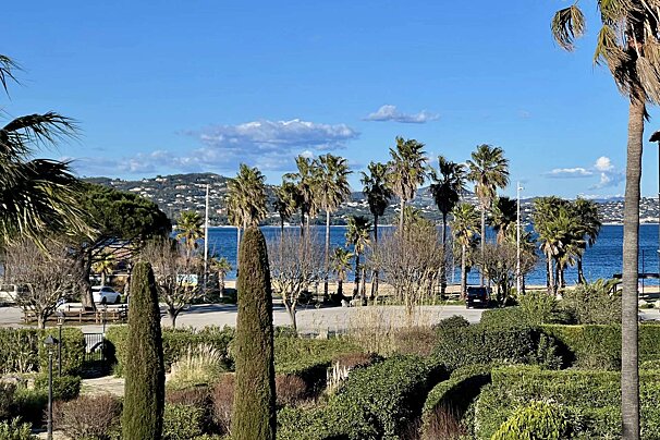 A view of the ocean with palm trees in the foreground