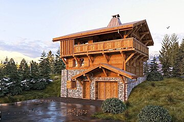A rustic three-story wooden and stone chalet nestled on a grassy hillside surrounded by pine trees and mountains.