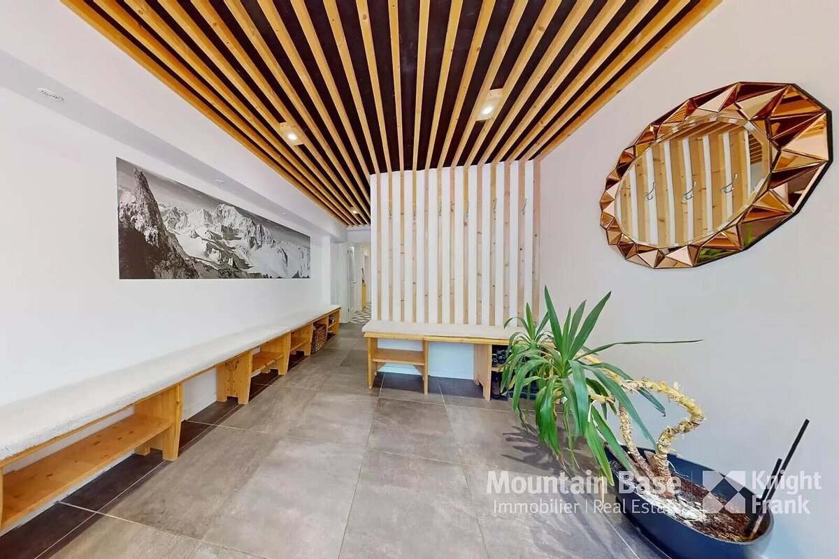 A hallway with a plant and a mirror that says mountain base