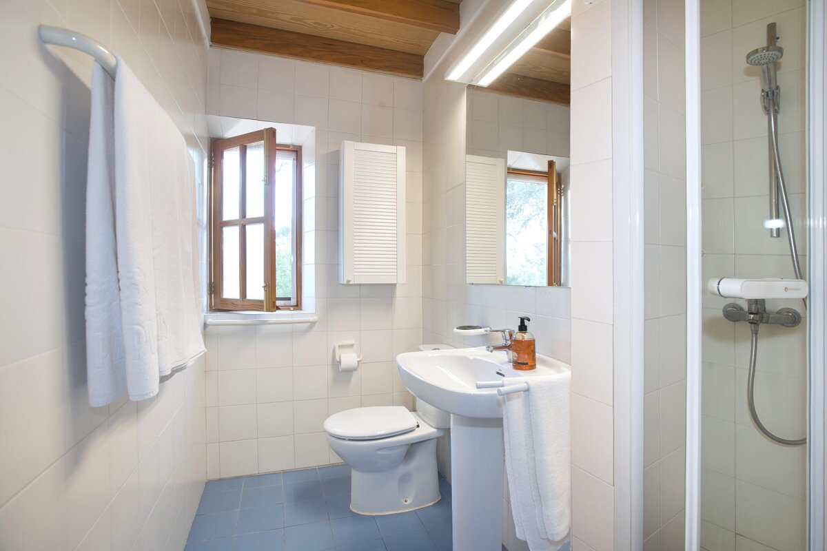 A bathroom with a toilet a sink and a shower