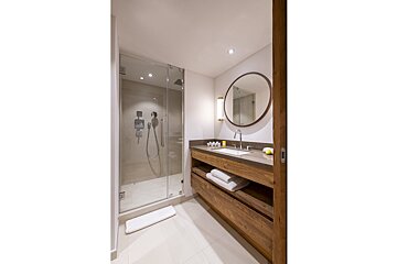 A bathroom with a walk in shower and a sink