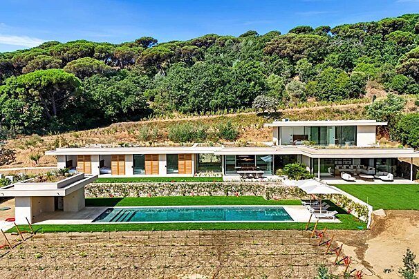 A modern house with a pool and lush lawn is nestled against a forested hillside, with a vineyard in the foreground under a clear sky.