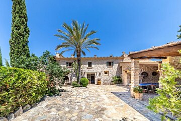 A stone house with a palm tree in front of it