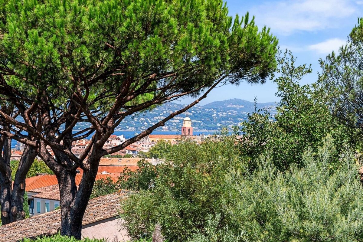 A scenic view through lush green trees of a charming coastal town with red roofs, a bell tower, and a blue sea backed by mountains.