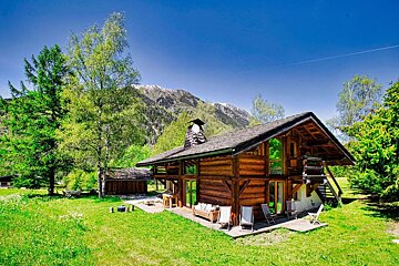 A small wooden house with a mountain in the background