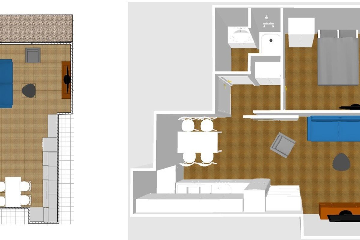 A floor plan of a house with a table and chairs