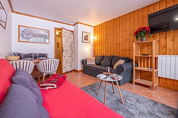 Warm, wood-paneled living room with a red sofa bed, grey couch, dining table, and TV. Rustic and inviting space.