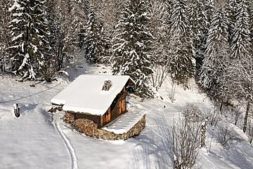 A charming, snow-covered wooden cabin is nestled among a dense winter forest. Fresh tracks lead through the deep snow surrounding the serene scene.