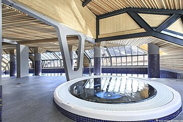 Modern indoor spa featuring a circular hot tub, wooden slat ceilings, grey tiles, and large windows with mountain views.