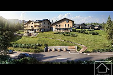 Rendered image of modern wooden chalets on a sunny green mountain hillside with a road and parking area in the foreground.