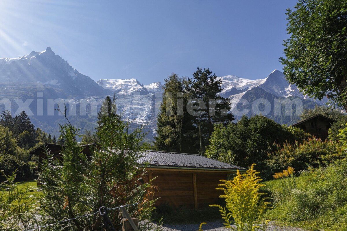 Snow-capped mountains and glaciers dominate a sunny, lush green landscape with tall trees and a small wooden cabin.