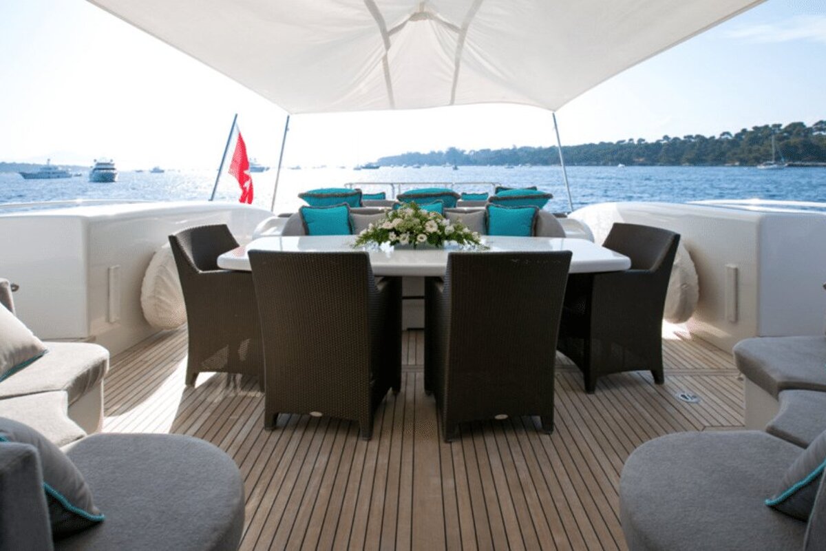 A table and chairs on the deck of a boat