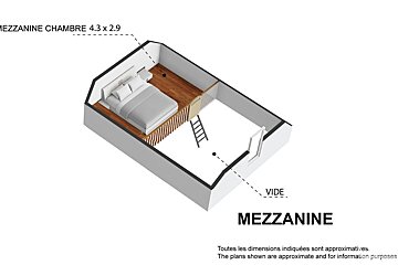 Isometric floor plan of a mezzanine level showing a bedroom area (4.3x2.9m), a ladder for access, and an open void. Text indicates approximate dimensions.