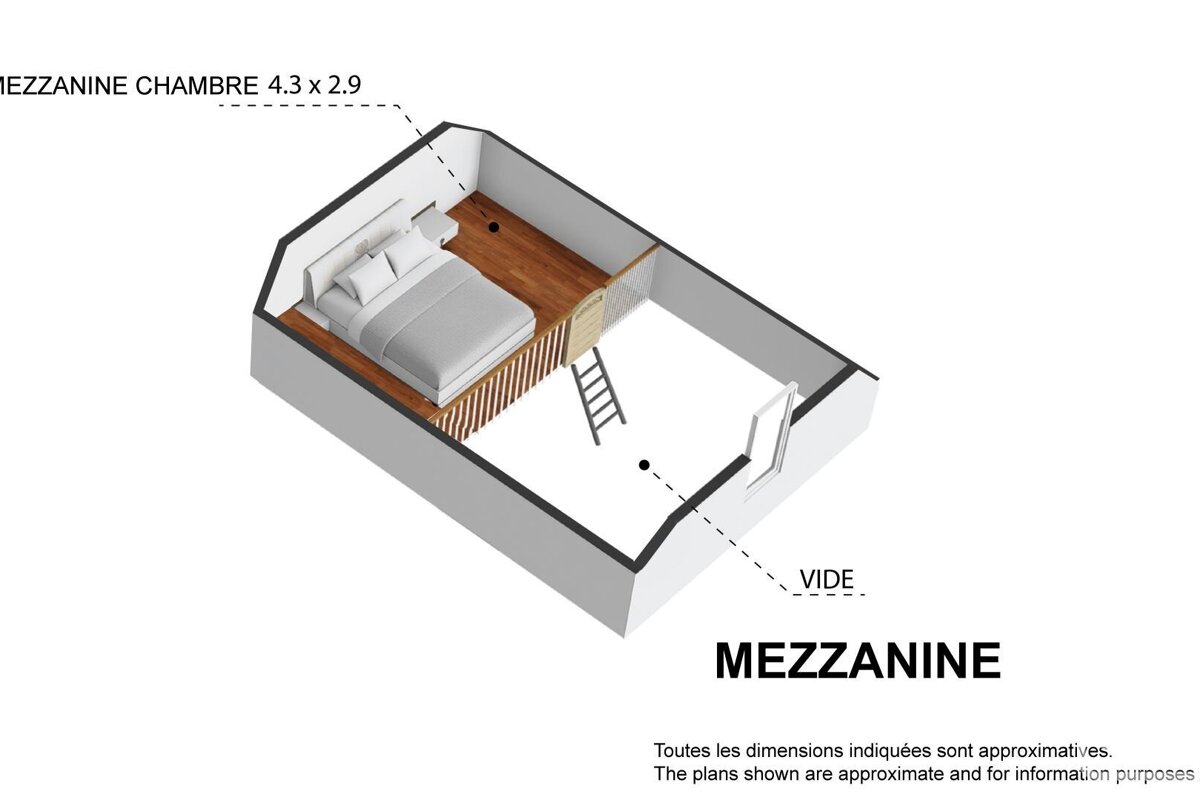 Isometric floor plan of a mezzanine bedroom with a bed and a ladder, next to an open void. Dimensions are 4.3 x 2.9 meters.