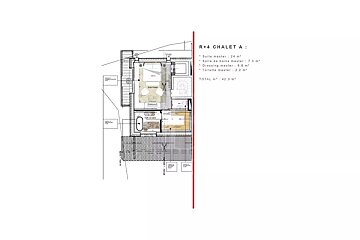 Architectural floor plan for Chalet A's R+4 level, detailing a 42.3m² master suite with bedroom, bathroom, dressing room, and toilet areas.